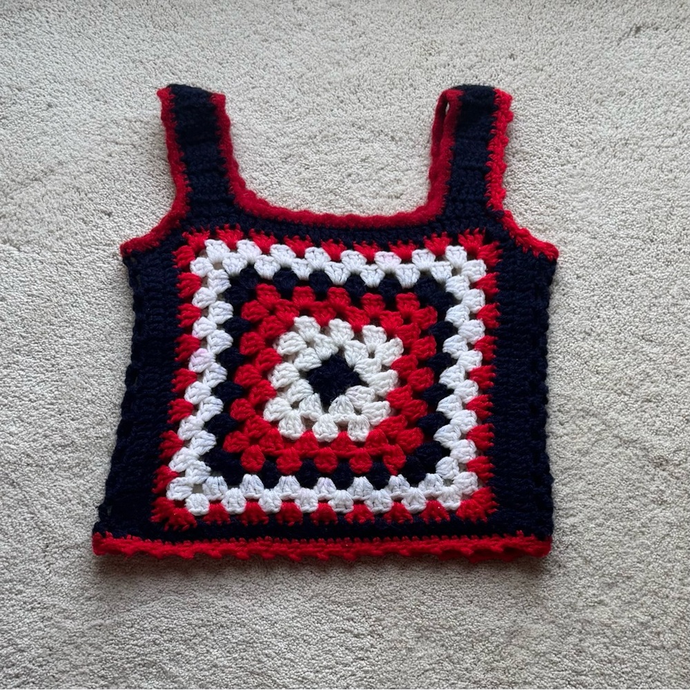 VTG Patriotic Hand Crocheted Granny Square Tank Top in Red, White, and Blue